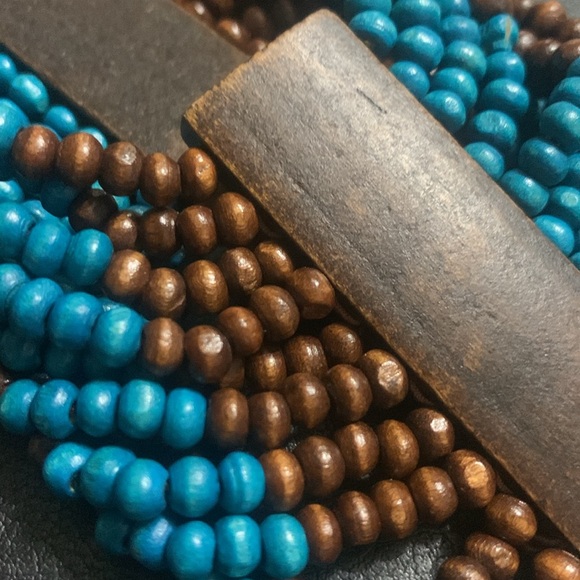 Bohemian Brown & Teal Wooden beaded stretch bracelet - Picture 2 of 3